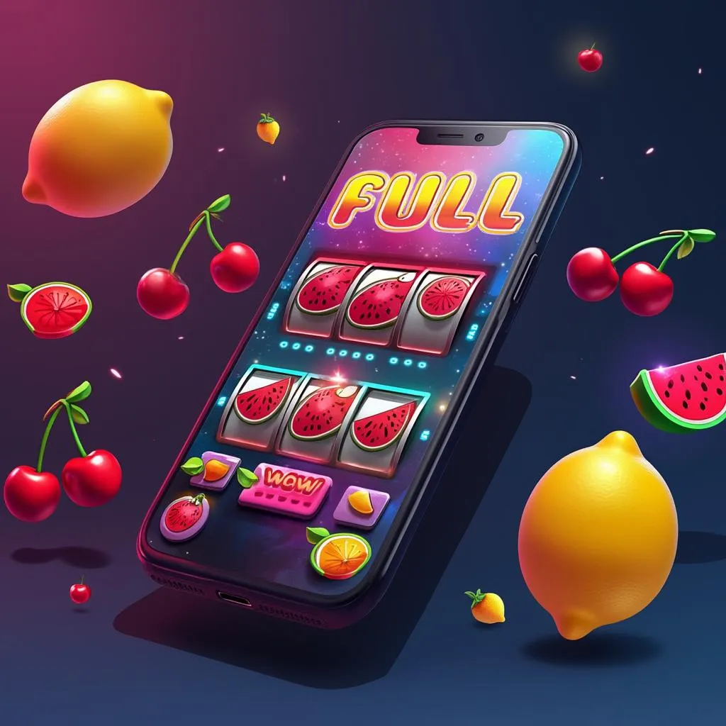 Mobile app mockup showing fruit slot game interface